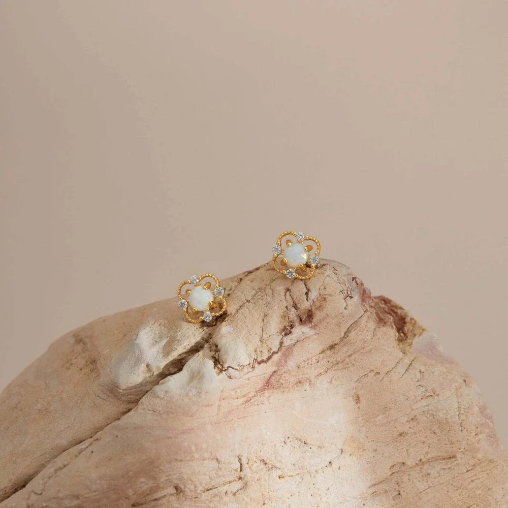 Floral Opal Sterling Silver Stud Earrings